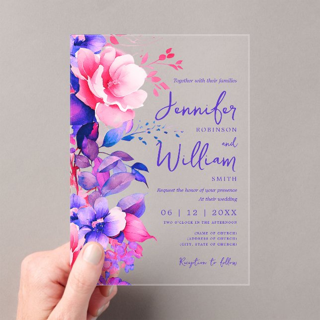 Floral Wedding Modern Script Typography Purple  Acrylic Invitations (Insitu (Handheld))