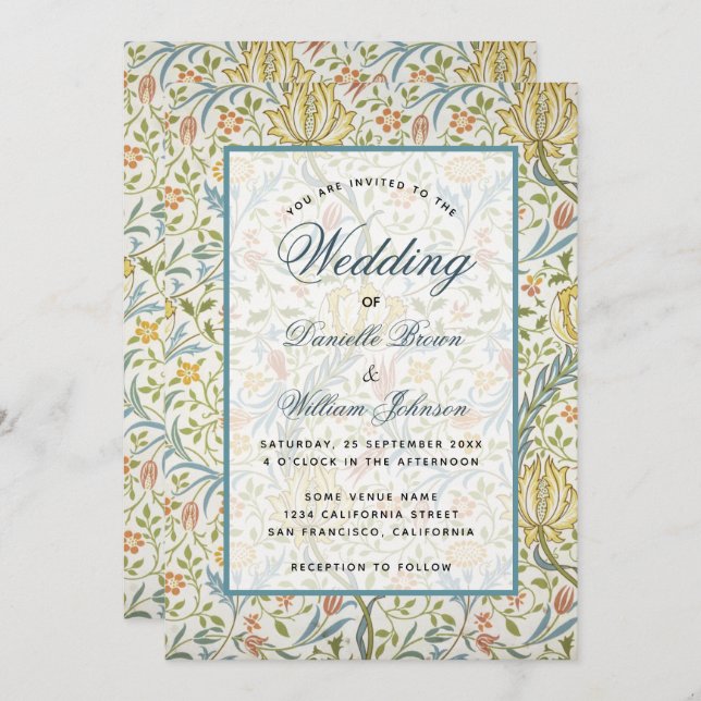 Floral Wedding Morris Pattern Elegant Script       Invitation (Front/Back)
