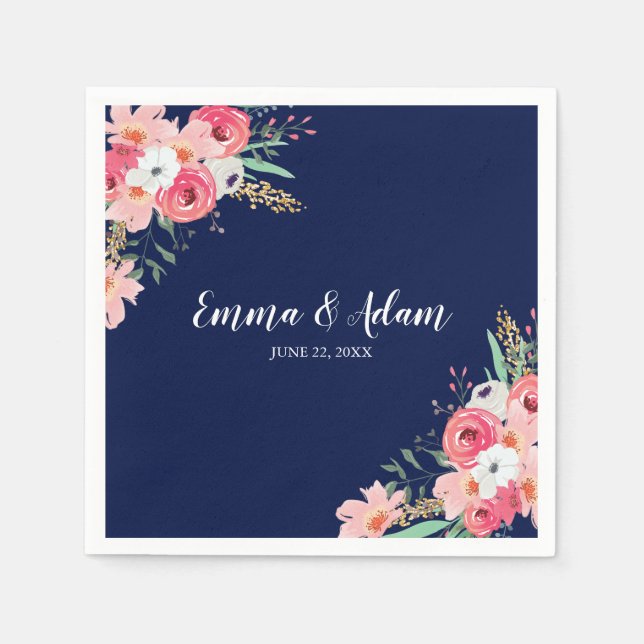 Floral Wedding Napkin Botanical Flowers Navy Blue (Front)