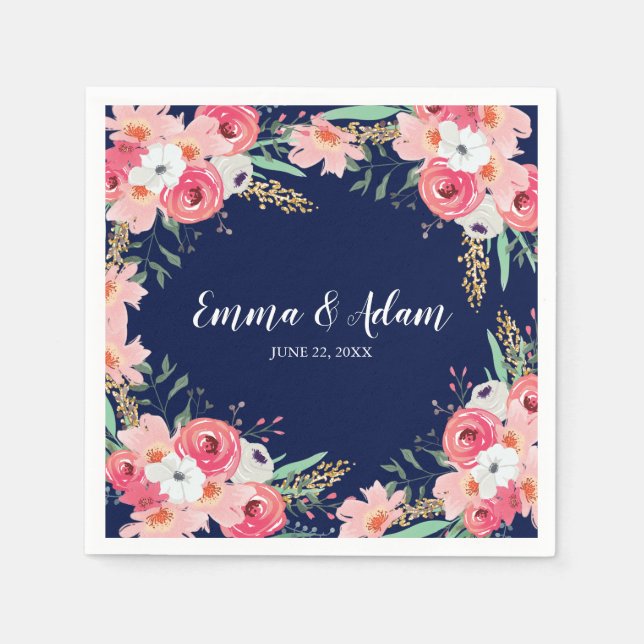 Floral Wedding Napkin Botanical Flowers Navy Blue (Front)