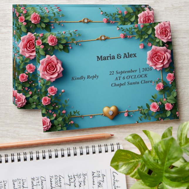 🌹 Floral Wedding Pink Roses On Blue 💐 Envelope (Stacked)