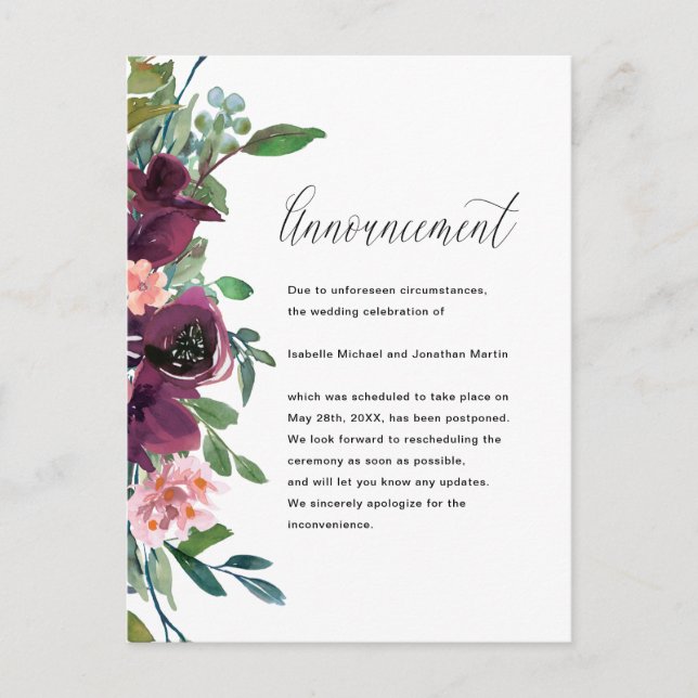 Floral Wedding Postponement Announcement Postcard (Front)