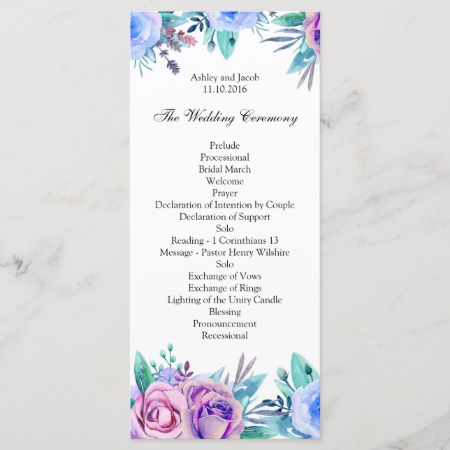 Floral wedding program blue. Boho ceremony card (Front)