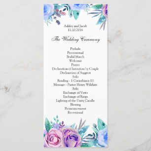 Floral wedding program blue. Boho ceremony card