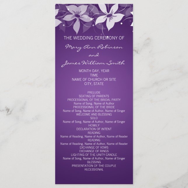 Floral Wedding Program Exotic Blooms Purple Programme (Front)
