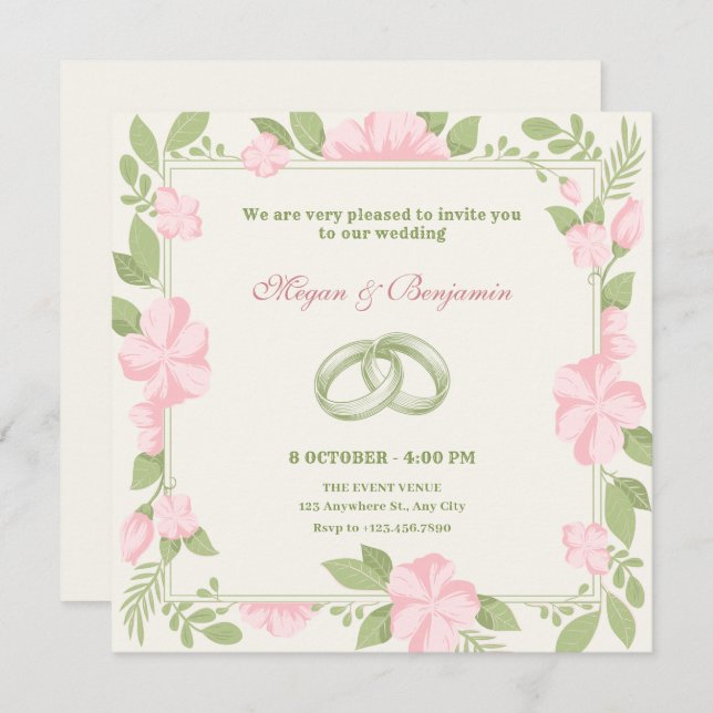 Floral wedding ring pink green pastel colour invitation (Front/Back)