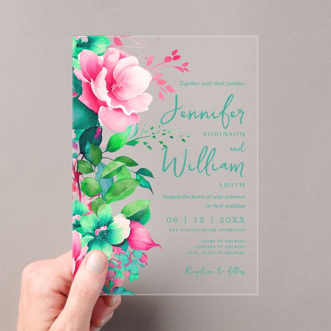 Floral Wedding Script Typography Spring Summer Acrylic Invitations (Insitu (Handheld))