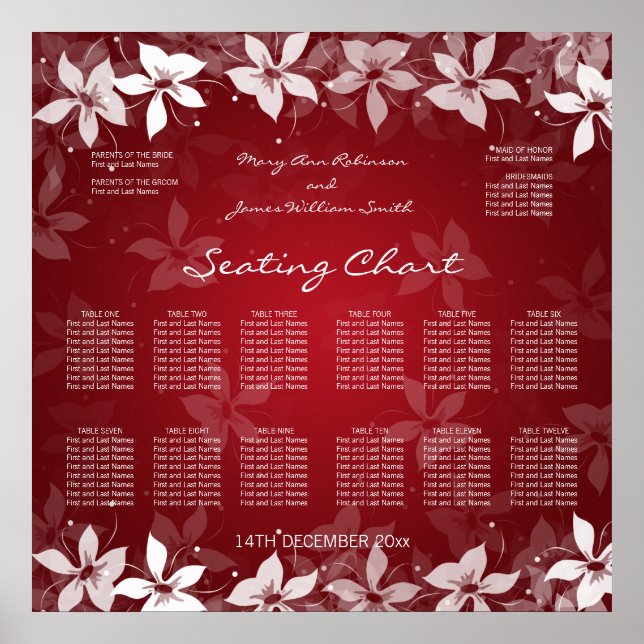 Floral Wedding Seating Chart Exotic Blooms Red (Front)