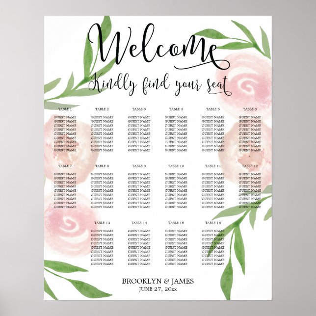 Floral Wedding Seating Chart Poster Pink 16x20 (Front)