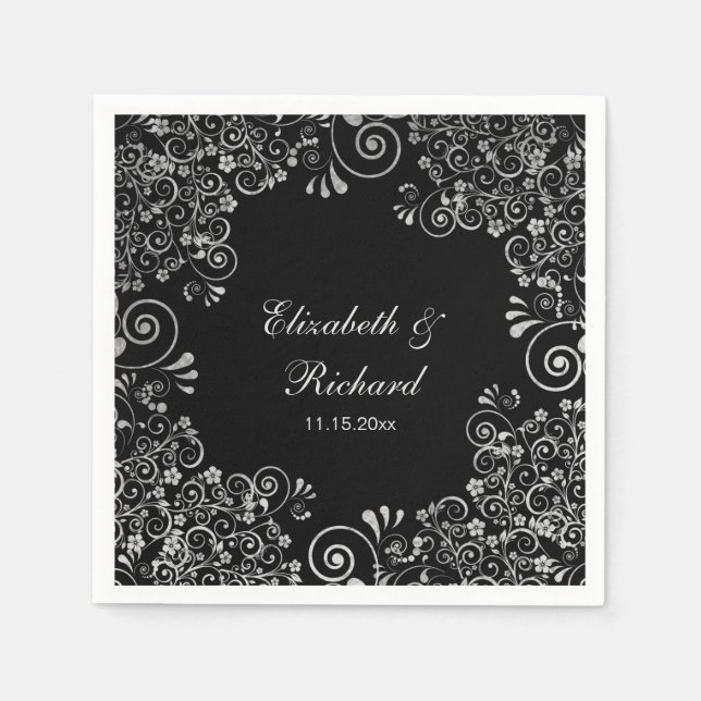 Floral Wedding Silver and Black reception Napkin (Front)