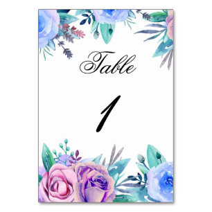 Floral Wedding Table Number. Blue Purple Flowers Number