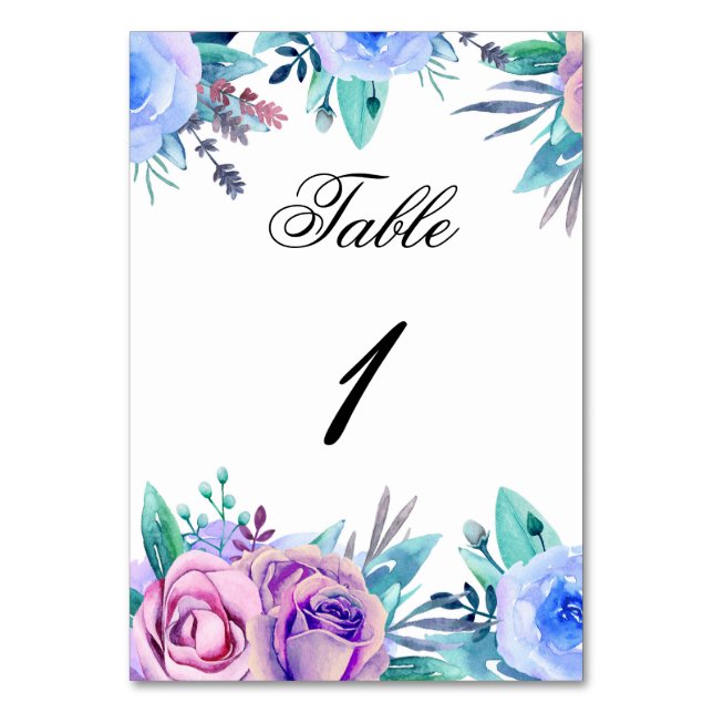 Floral Wedding Table Number. Blue Purple Flowers Table Number (Front)