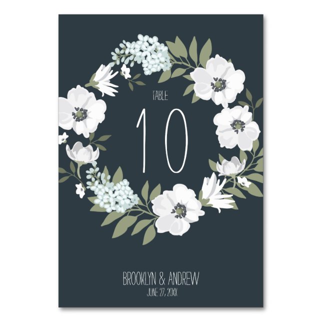 Floral Wedding Table Numbers With White Wreath (Front)