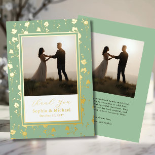 Floral Wedding Thank You 2 Photo Sage Green Gold Foil Holiday Card