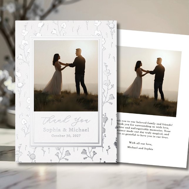 Floral Wedding Thank You 2 Photo Silver White  Foil Holiday Card (Creator Uploaded)