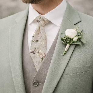 Floral Wedding Tie with Ivory Rose Pattern