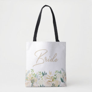 Floral Wedding Tote White BRIDE Bag