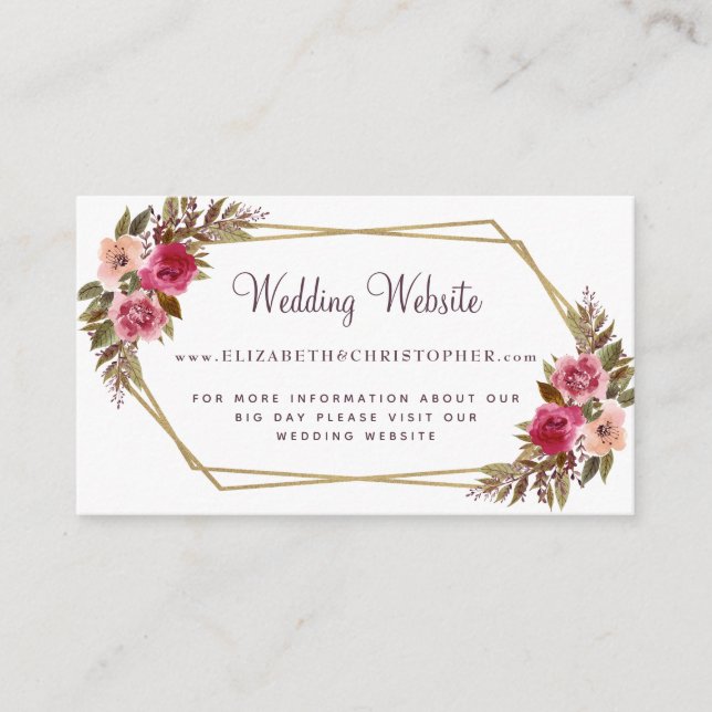 Floral Wedding Website Cassis Botanical Gold Frame Enclosure Card (Front)