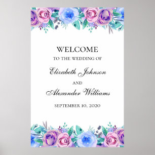 Floral wedding welcome sign. Blue and purple Poster