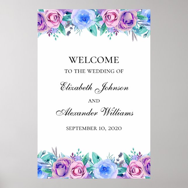 Floral wedding welcome sign. Blue and purple Poster (Front)
