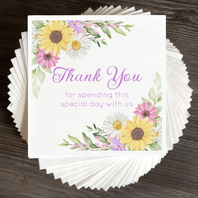 Floral Wedding Wildflower Sunflower Daisy Thanks Napkin (Creator Uploaded)