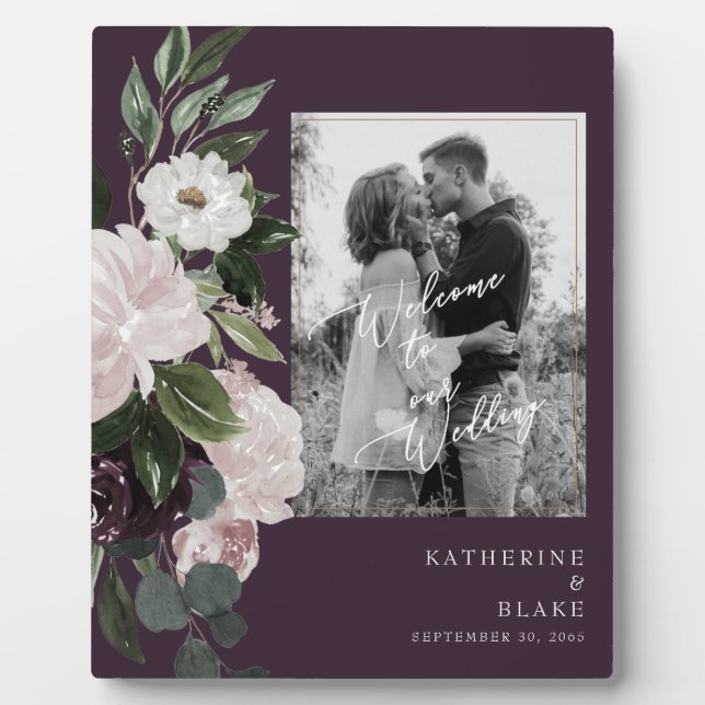 Floral Welcome to our Wedding B/W Photo Wine  Plaque (Front)