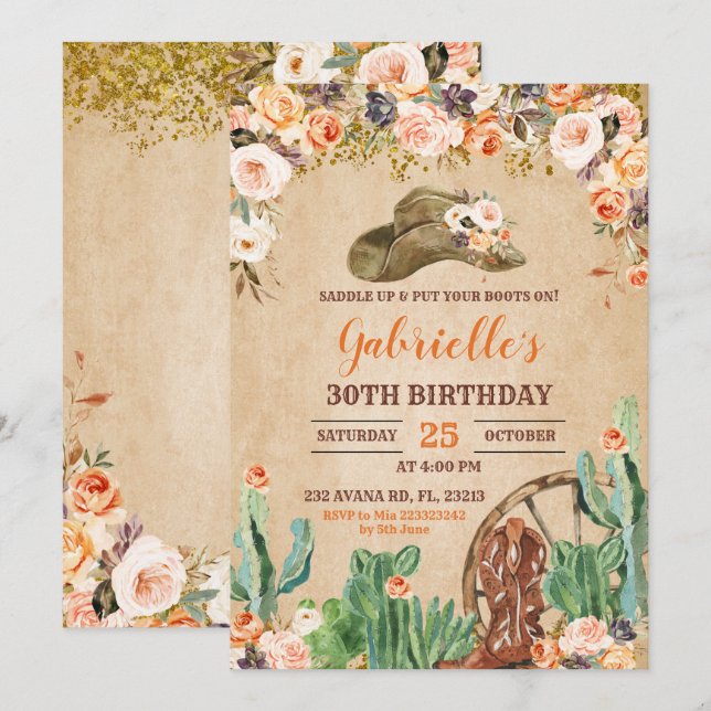 Floral Western Cowgirl Birthday Invitation (Front/Back)
