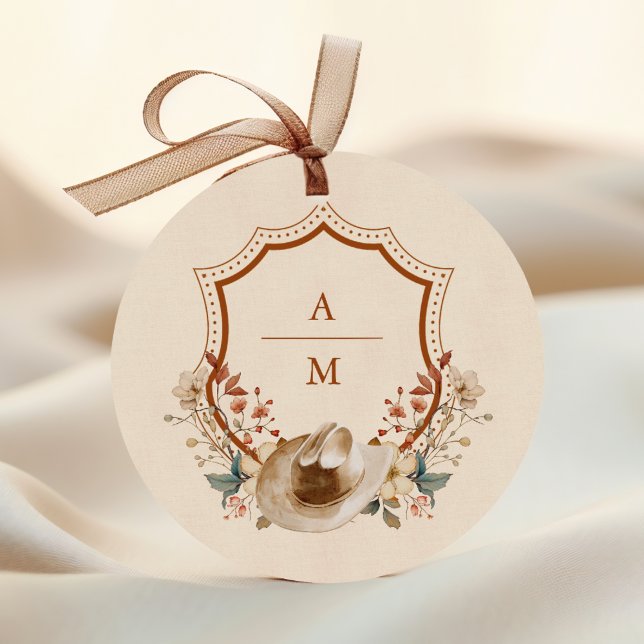 Floral Western Crest Monogram Wedding  Classic Round Sticker (Creator Uploaded)