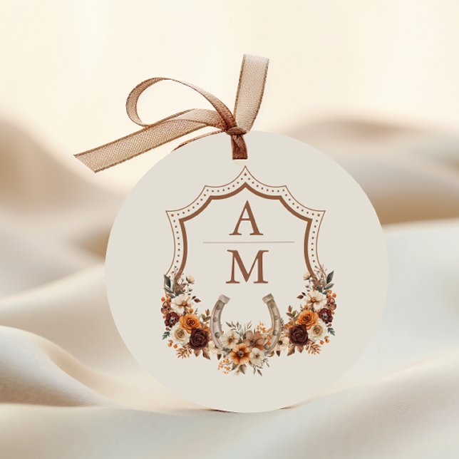 Floral Western Crest Monogram Wedding  Classic Round Sticker (Creator Uploaded)