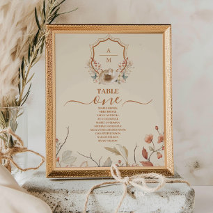 Floral Western Crest Monogram Wedding Table Number