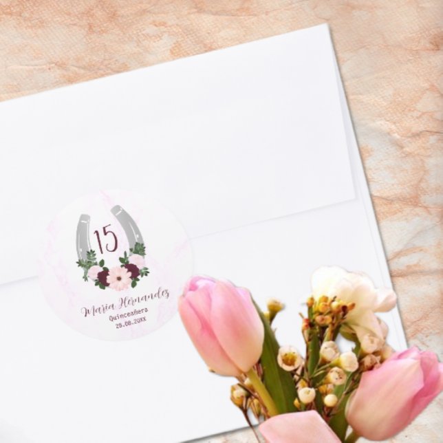 Floral Western Horseshoe Quinceanera Classic Round Sticker (Creator Uploaded)