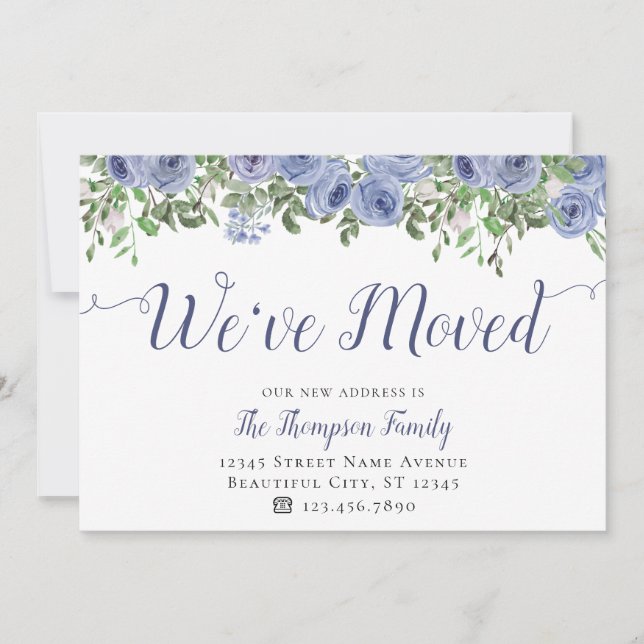 Floral We've Moved New Address Dusty Blue Moving Announcement (Front)