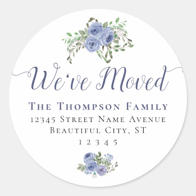 Floral We've Moved New Family Address Blue Moving Classic Round Sticker (Front)