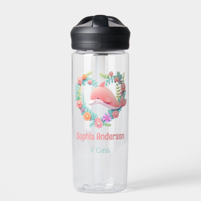 Floral Whale Heart Love Back To School Name Water Bottle (Front)