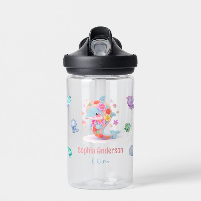 Floral Whale Sea Theme Back To School Name Water Bottle (Front)