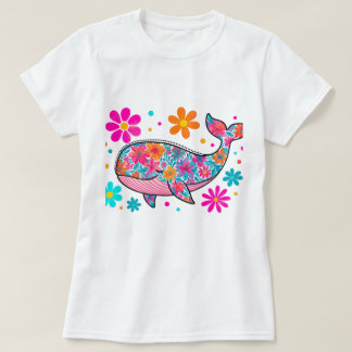 Floral Whale with Colourful Flowers – Boho Ocean  T-Shirt