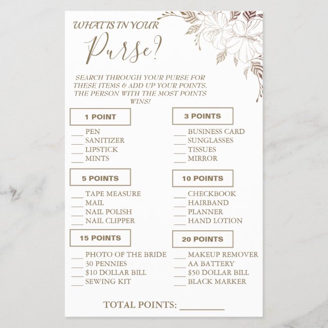 Floral What is in your purse Shower game card Flye (Front)