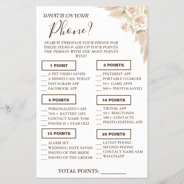 Floral What is on your phone Shower game card (Front)