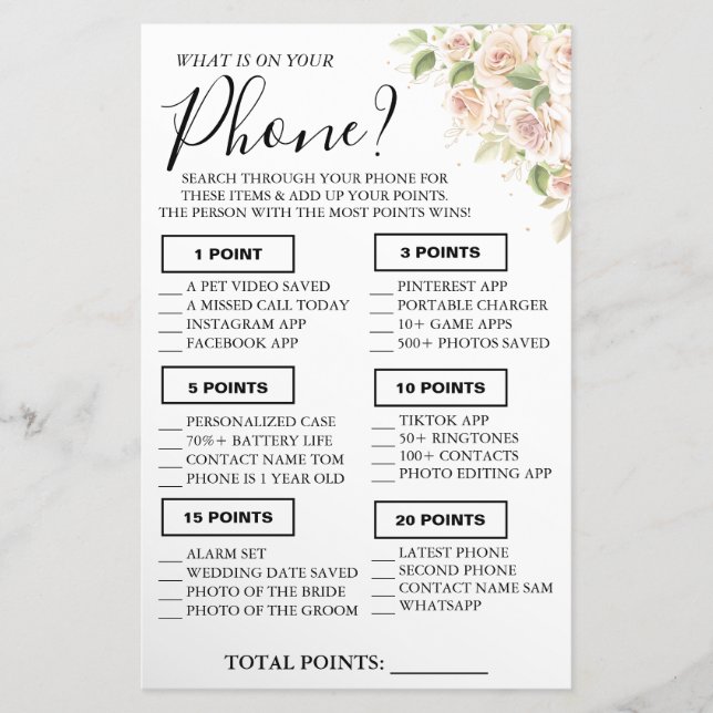 Floral What is on your phone Shower game card (Front)