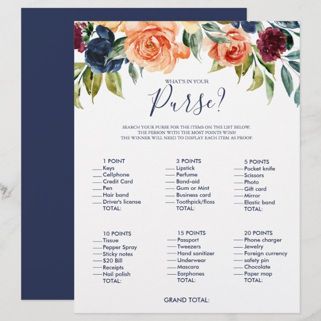 Floral What's in your Purse Bridal Shower Game (Front/Back)