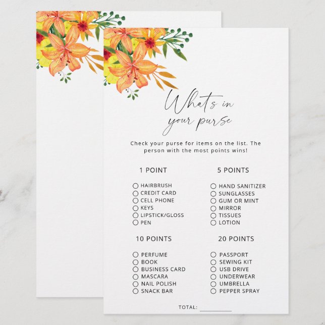 Floral what's in your purse game (Front/Back)
