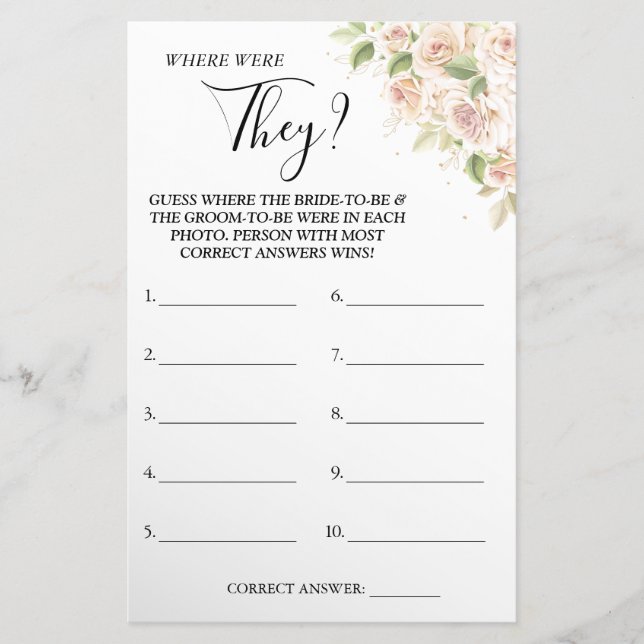 Floral Where were They Bridal shower game card (Front)