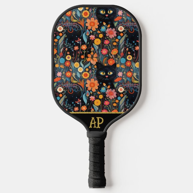 *~*  Floral Whimsical Quirky Cat AP68  PHOTO 1 Pickleball Paddle (Front)
