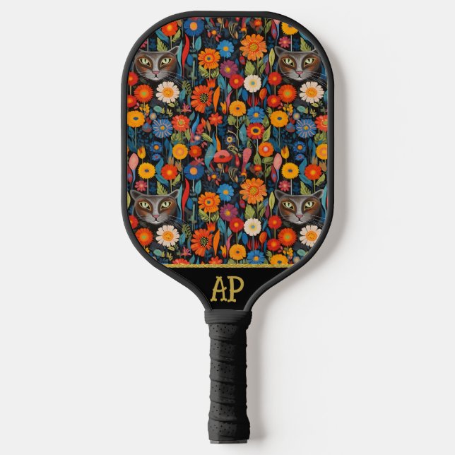 *~*  Floral Whimsical Quirky Cat AP68  PHOTO 6 Pickleball Paddle (Front)