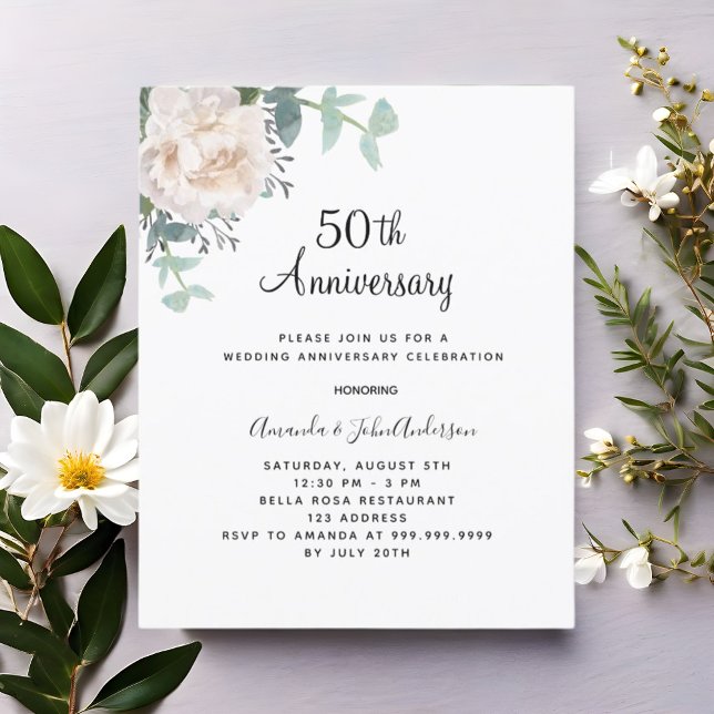 Floral white 50th wedding anniversary invitation (Creator Uploaded)