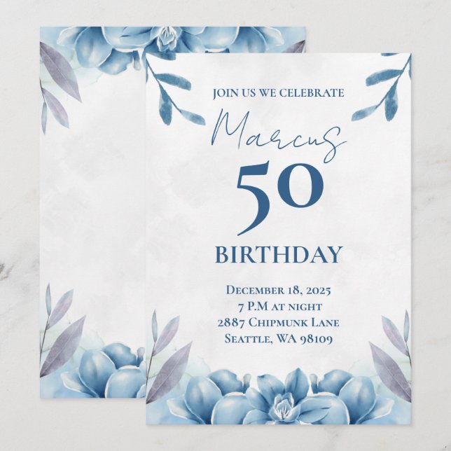 Floral White and Blue 50th Birthday Invitation (Front/Back)