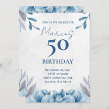 Floral White and Blue 50th Birthday Invitation