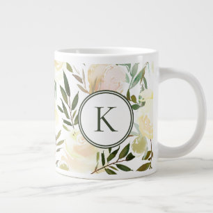 Floral White and Green Romantic Watercolor Large Coffee Mug