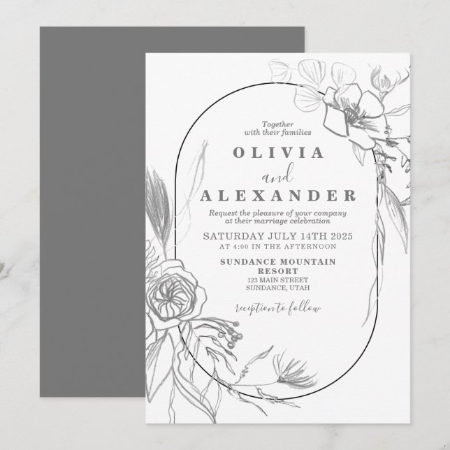 Floral White and Grey flower wedding Invitation (Front/Back)