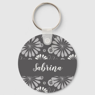 Floral white and grey key ring